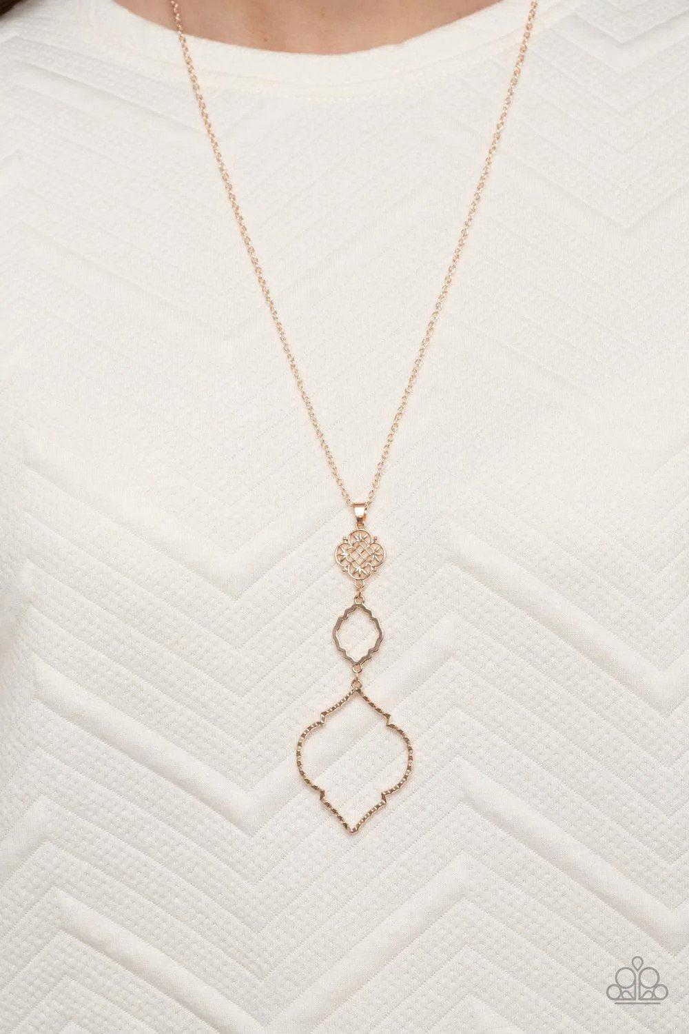 Marrakesh Mystery Rose Gold Necklace - Paparazzi Accessories- on model - CarasShop.com - Paparazzi Jewelry by Cara Jewels