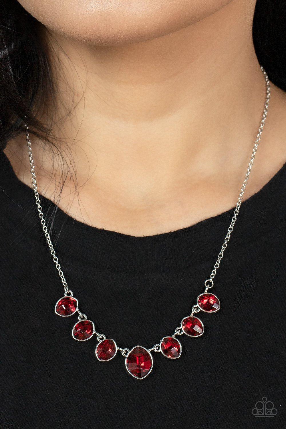 Material Girl Glamour Red Rhinestone Necklace - Paparazzi Accessories- on model - CarasShop.com - Paparazzi Jewelry by Cara Jewels
