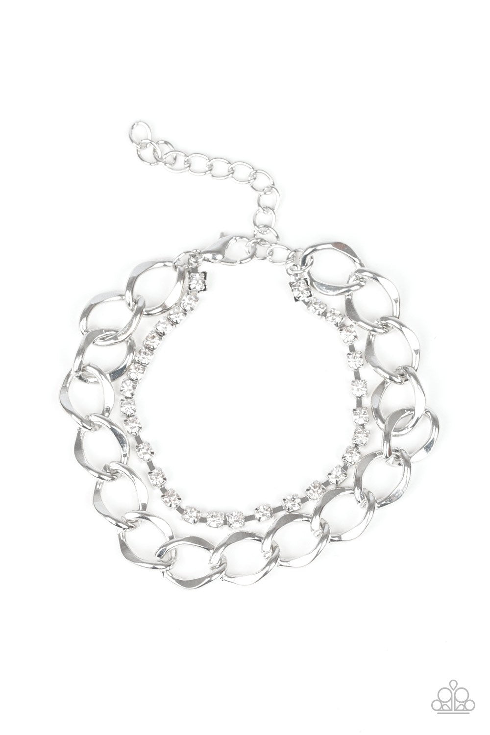 Material Girl White Rhinestone and Chain Bracelet - Paparazzi Accessories- on model - CarasShop.com - Paparazzi Jewelry by Cara Jewels