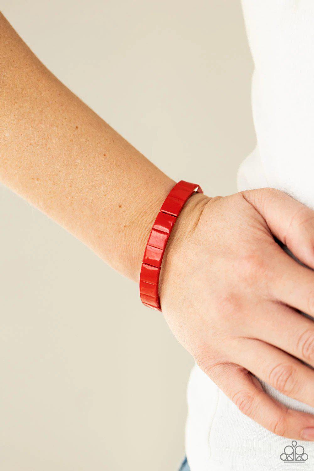 Material Movement Red Bracelet - Paparazzi Accessories- on model - CarasShop.com - Paparazzi Jewelry by Cara Jewels