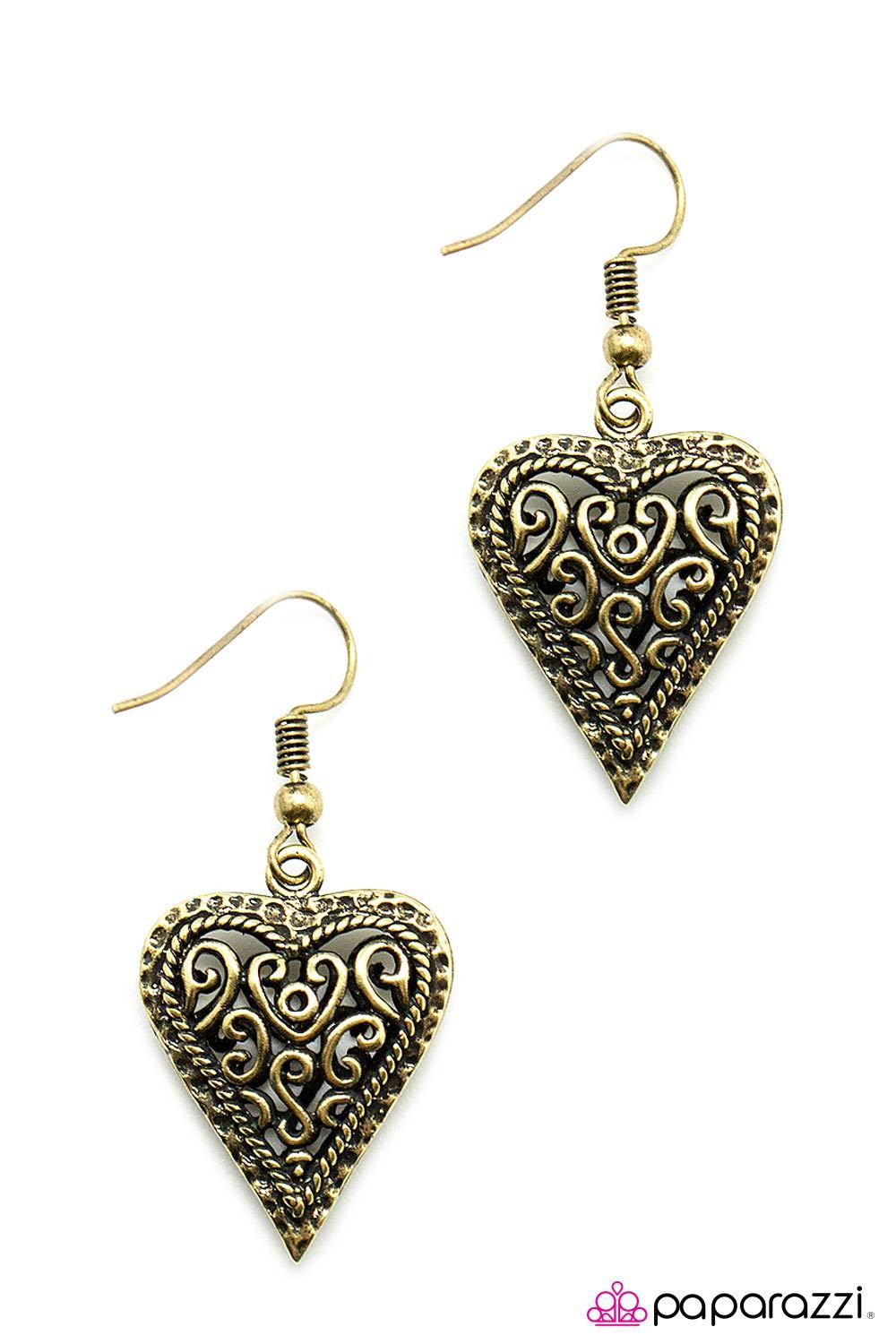Matters of the Heart Brass Earrings - Paparazzi Accessories- on model - CarasShop.com - Paparazzi Jewelry by Cara Jewels