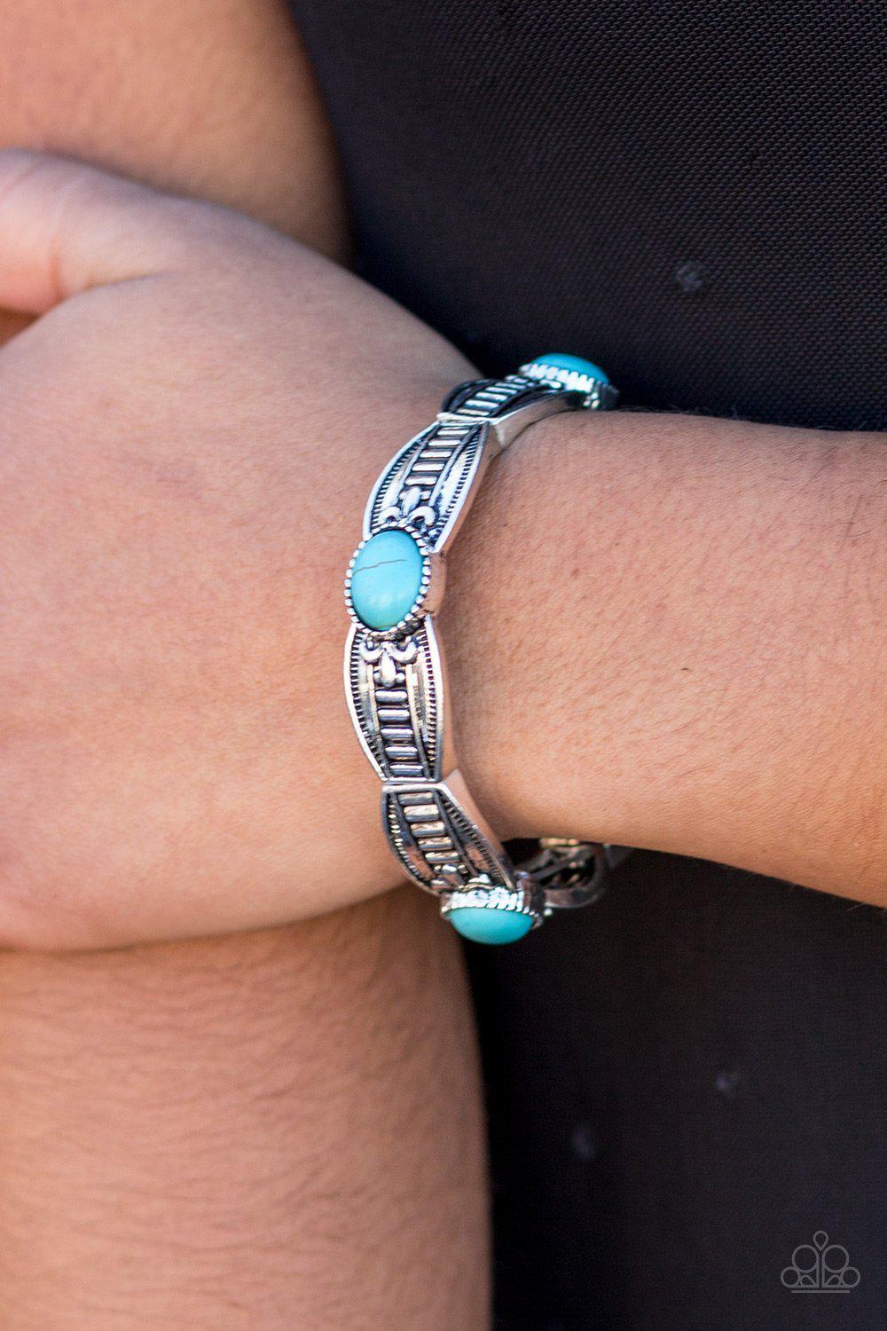 Mayan Majesty Turquoise Blue Stone and Silver Stretch Bangle Bracelet - Paparazzi Accessories- lightbox - CarasShop.com - Paparazzi Jewelry by Cara Jewels