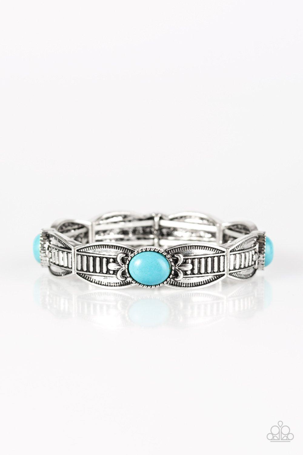 Mayan Majesty Turquoise Blue Stone and Silver Stretch Bangle Bracelet - Paparazzi Accessories- on model - CarasShop.com - Paparazzi Jewelry by Cara Jewels