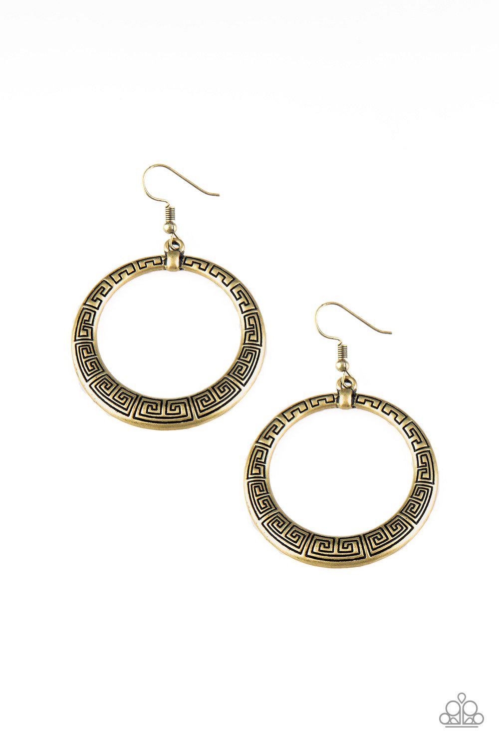 Mayan Mantra Brass Earrings - Paparazzi Accessories- lightbox - CarasShop.com - Paparazzi Jewelry by Cara Jewels