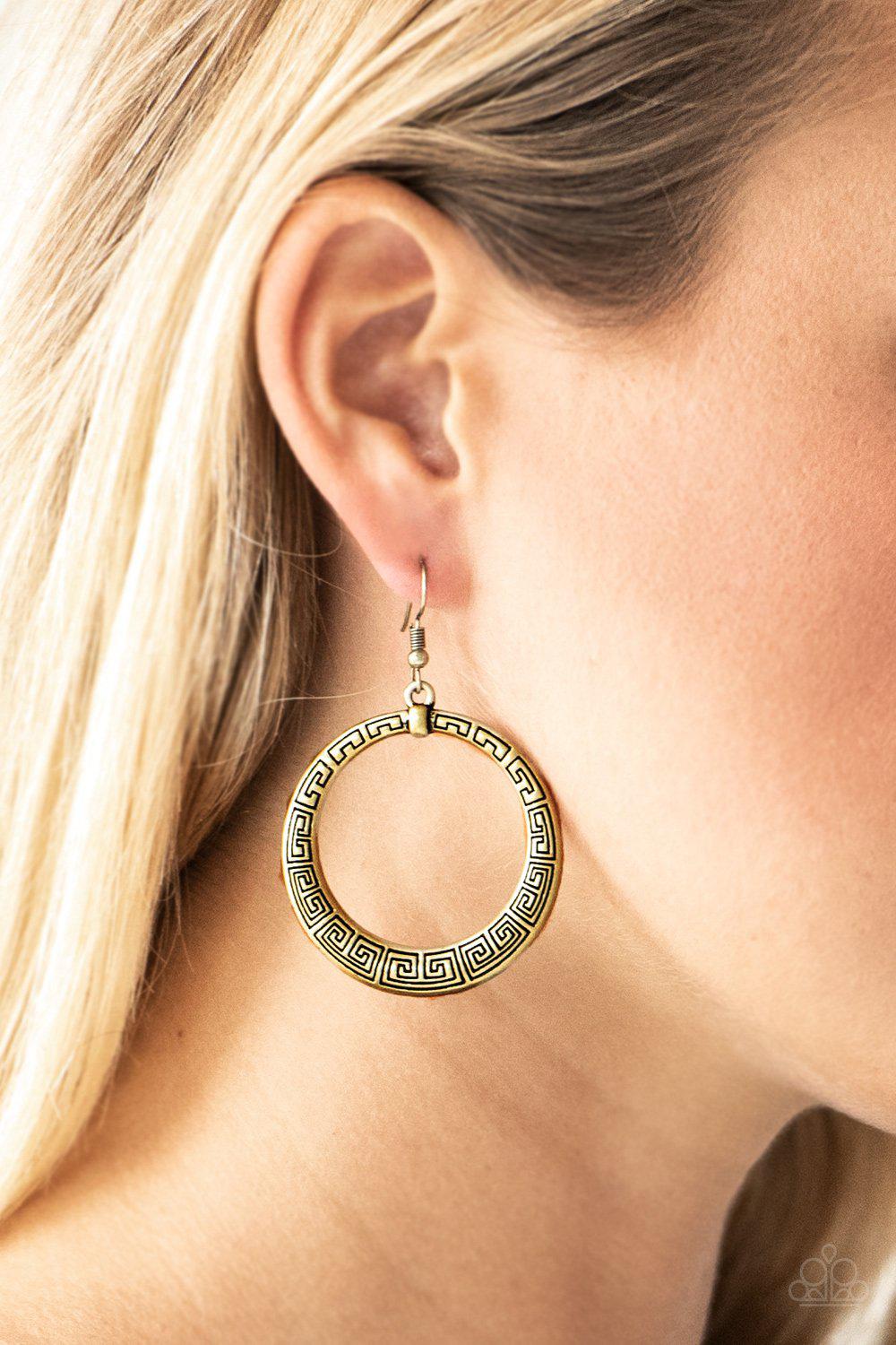 Mayan Mantra Brass Earrings - Paparazzi Accessories- on model - CarasShop.com - Paparazzi Jewelry by Cara Jewels