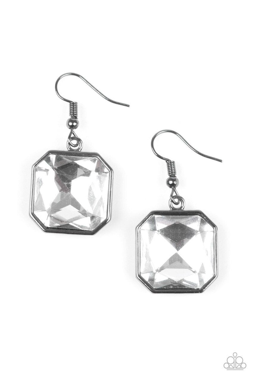 Me, Myself, and IDOL Gunmetal Black and White Rhinestone Earrings - Paparazzi Accessories- on model - CarasShop.com - Paparazzi Jewelry by Cara Jewels