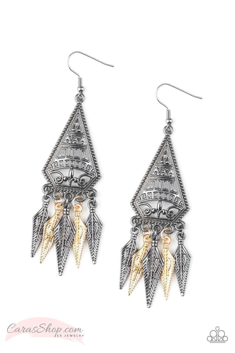 Me Oh MAYAN - Gold and Gunmetal Earrings - Paparazzi Accessories- lightbox - CarasShop.com - Paparazzi Jewelry by Cara Jewels