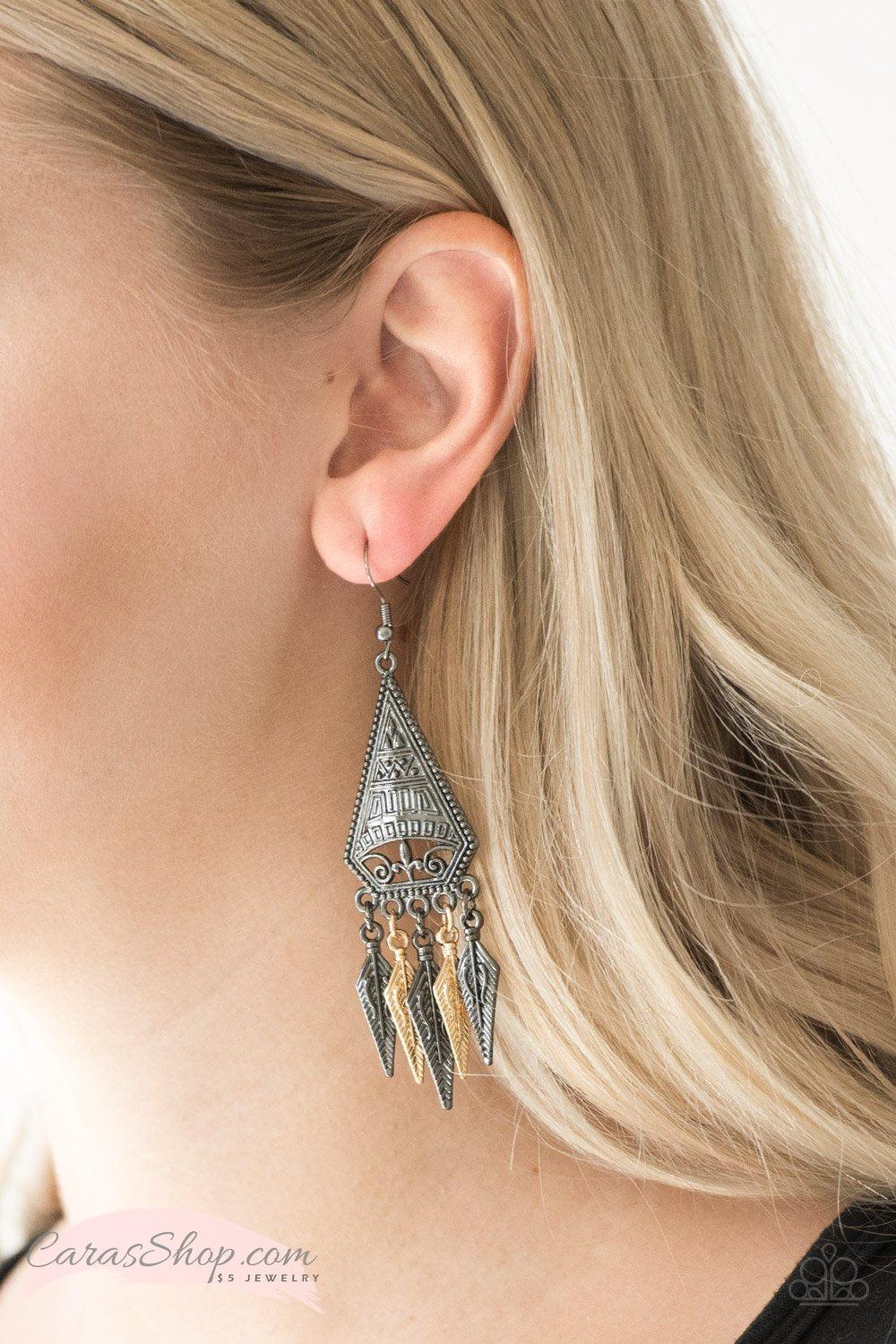 Me Oh MAYAN - Gold and Gunmetal Earrings - Paparazzi Accessories- on model - CarasShop.com - Paparazzi Jewelry by Cara Jewels