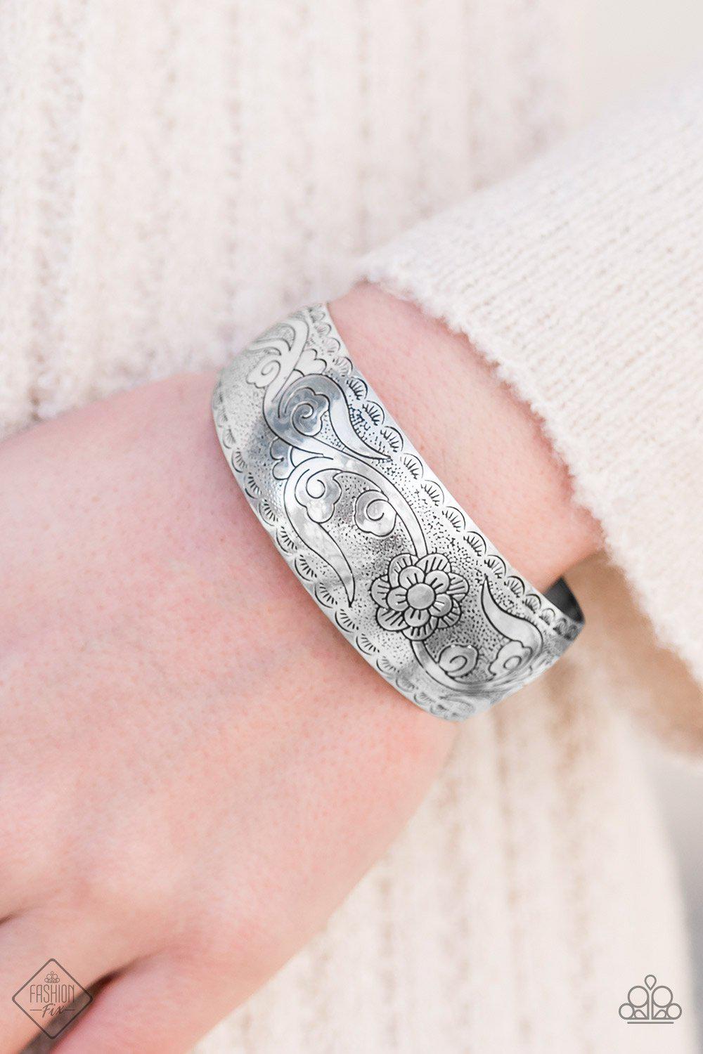 Meadow Music Silver Floral Cuff Bracelet - Paparazzi Accessories- lightbox - CarasShop.com - Paparazzi Jewelry by Cara Jewels
