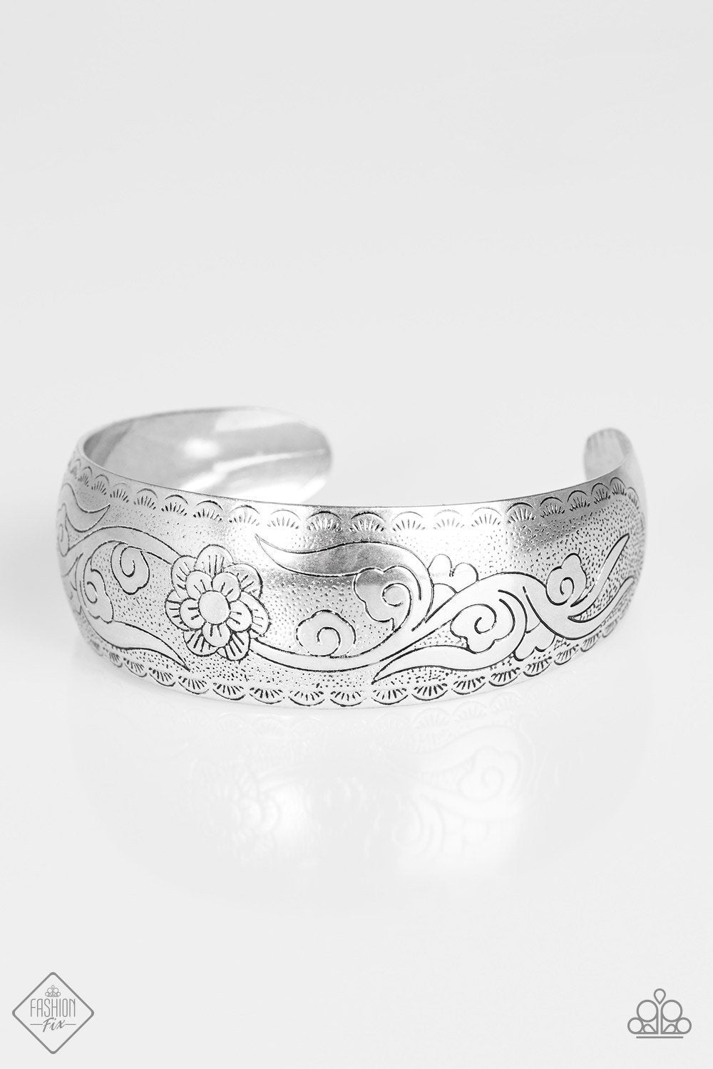 Meadow Music Silver Floral Cuff Bracelet - Paparazzi Accessories- on model - CarasShop.com - Paparazzi Jewelry by Cara Jewels