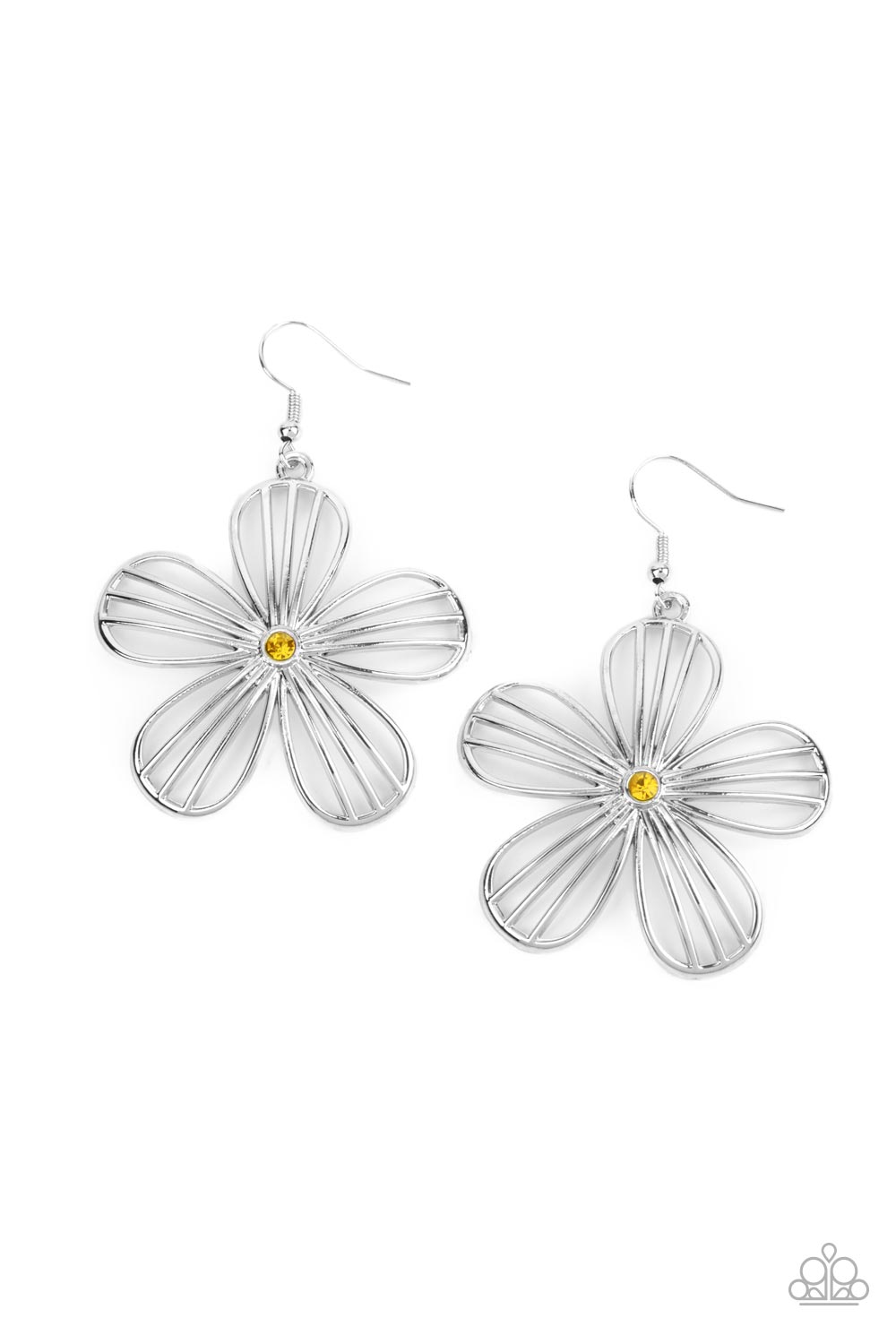 Meadow Musical Yellow Rhinestone and Silver Flower Earrings - Paparazzi Accessories- lightbox - CarasShop.com - Paparazzi Jewelry by Cara Jewels