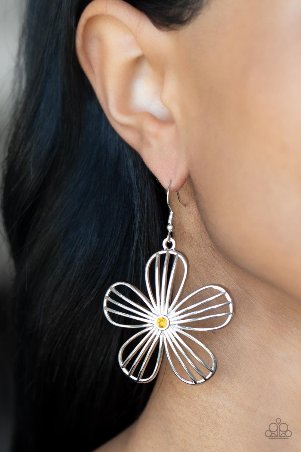 Meadow Musical Yellow Rhinestone and Silver Flower Earrings - Paparazzi Accessories- on model - CarasShop.com - Paparazzi Jewelry by Cara Jewels
