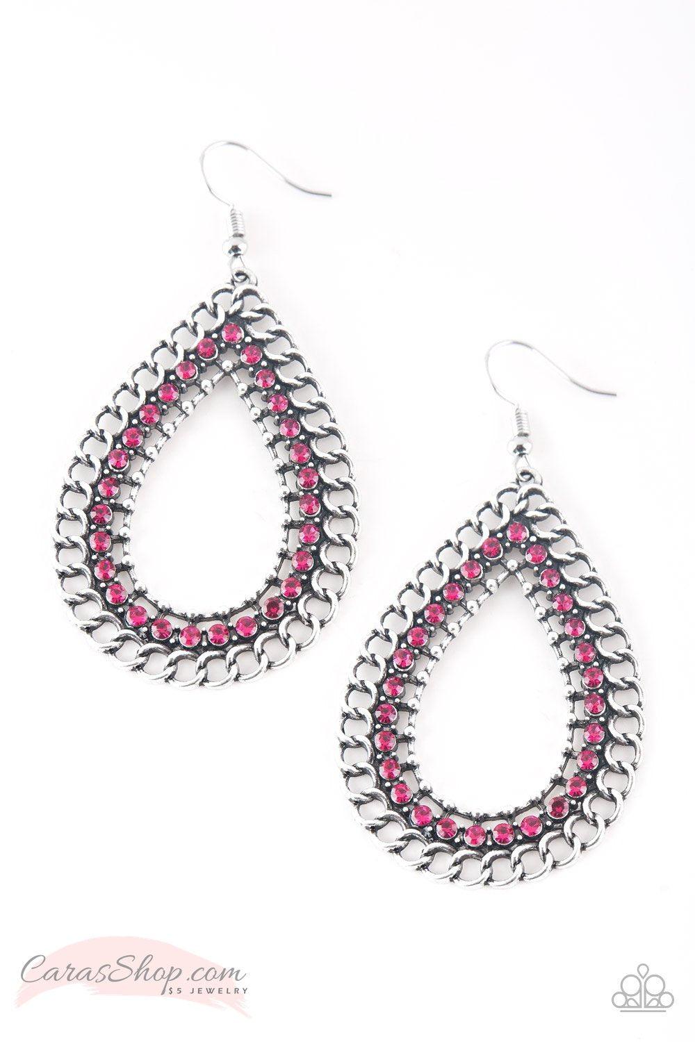 Mechanical Marvel Pink Earrings - Paparazzi Accessories- on model - CarasShop.com - Paparazzi Jewelry by Cara Jewels