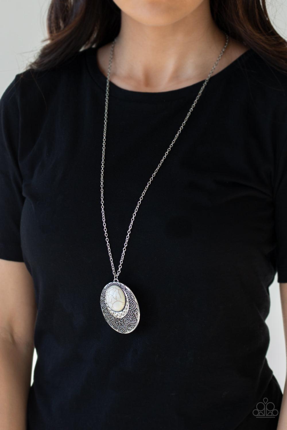 Medallion Meadow White Stone Necklace - Paparazzi Accessories- on model - CarasShop.com - Paparazzi Jewelry by Cara Jewels