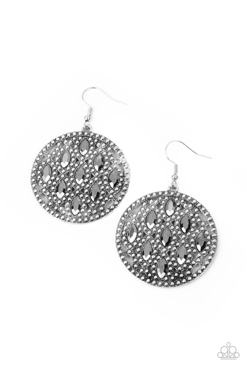 Medallion Stallion Silver Hematite Earrings - Paparazzi Accessories- lightbox - CarasShop.com - Paparazzi Jewelry by Cara Jewels