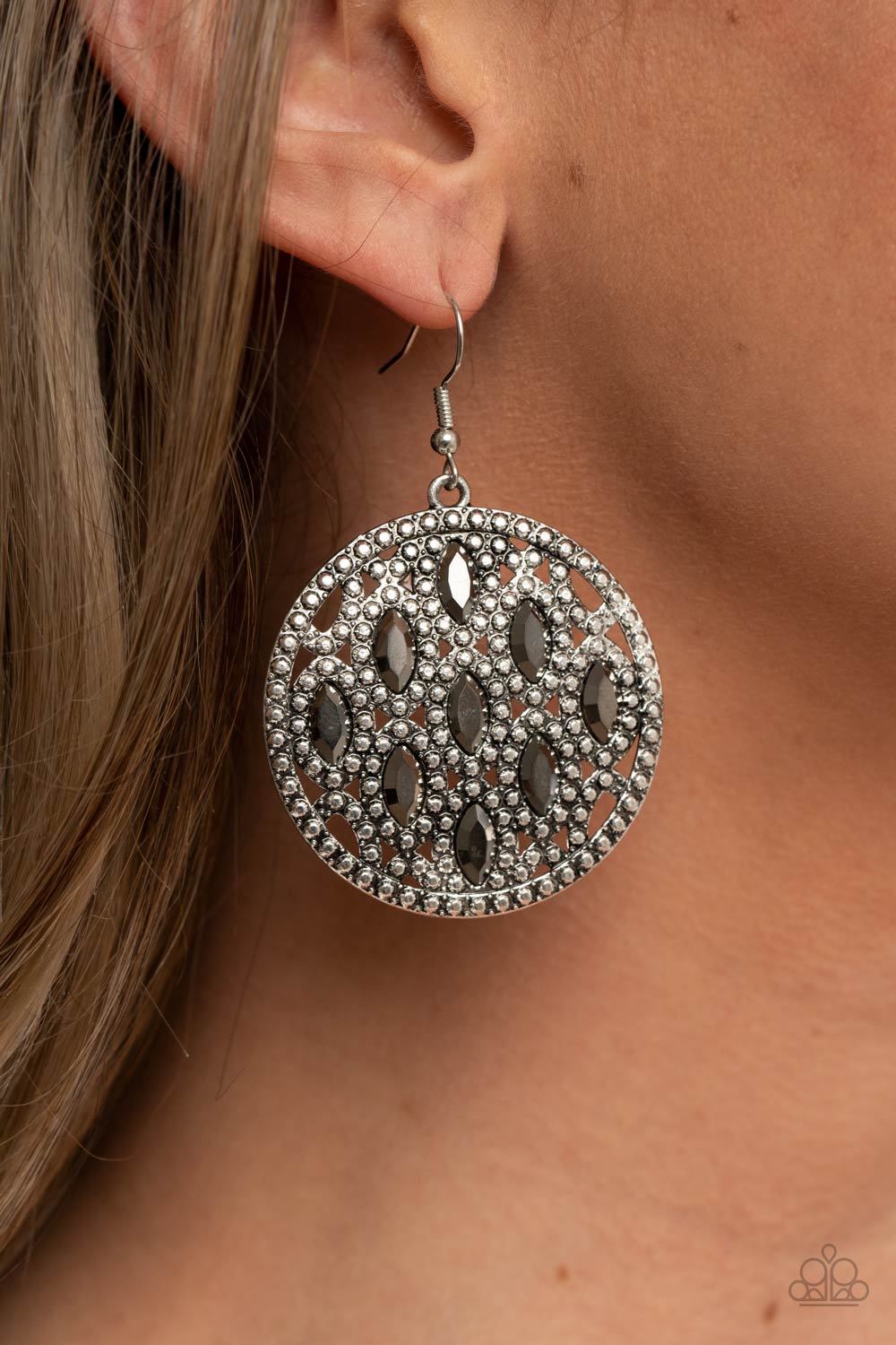Medallion Stallion Silver Hematite Earrings - Paparazzi Accessories- on model - CarasShop.com - Paparazzi Jewelry by Cara Jewels