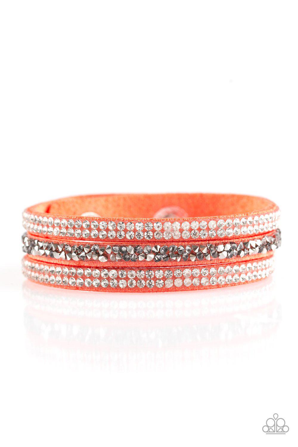 Mega Glam Orange Urban Wrap Snap Bracelet - Paparazzi Accessories- on model - CarasShop.com - Paparazzi Jewelry by Cara Jewels
