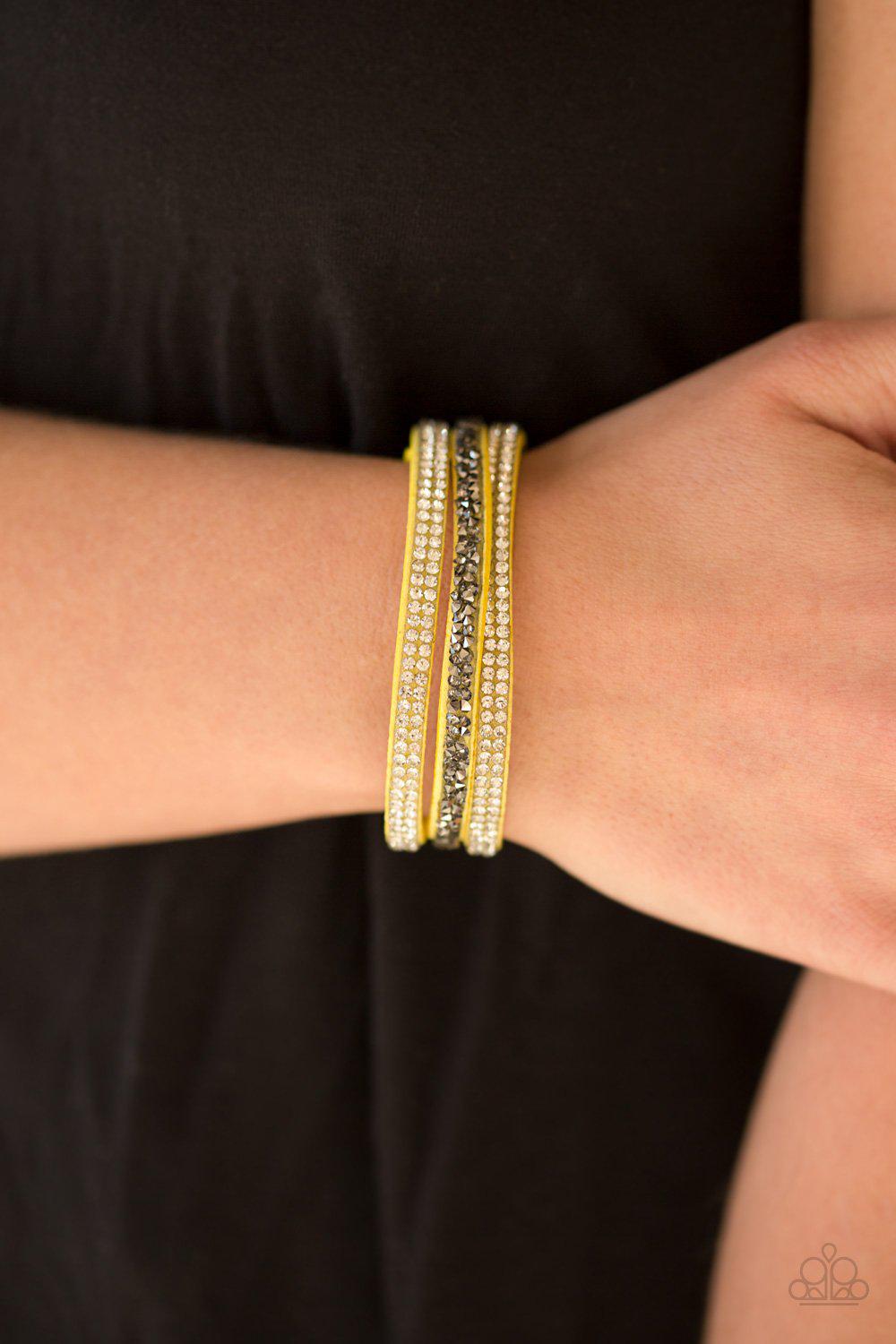 Mega Glam Yellow Urban Wrap Snap Bracelet - Paparazzi Accessories- lightbox - CarasShop.com - Paparazzi Jewelry by Cara Jewels
