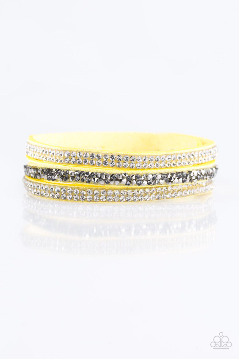 Mega Glam Yellow Urban Wrap Snap Bracelet - Paparazzi Accessories- on model - CarasShop.com - Paparazzi Jewelry by Cara Jewels