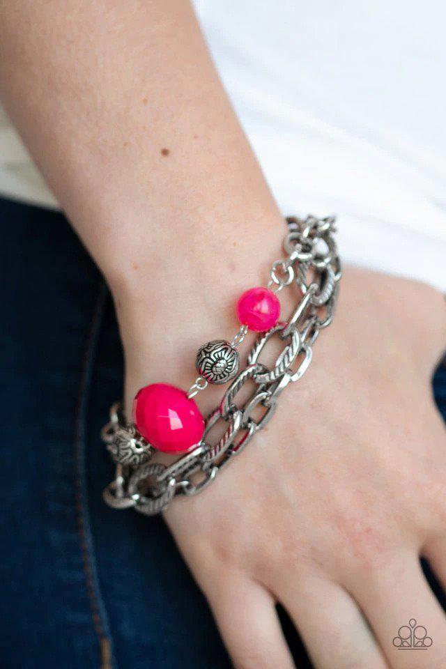 Mega Malibu Pink and Silver Bracelet - Paparazzi Accessories- lightbox - CarasShop.com - Paparazzi Jewelry by Cara Jewels