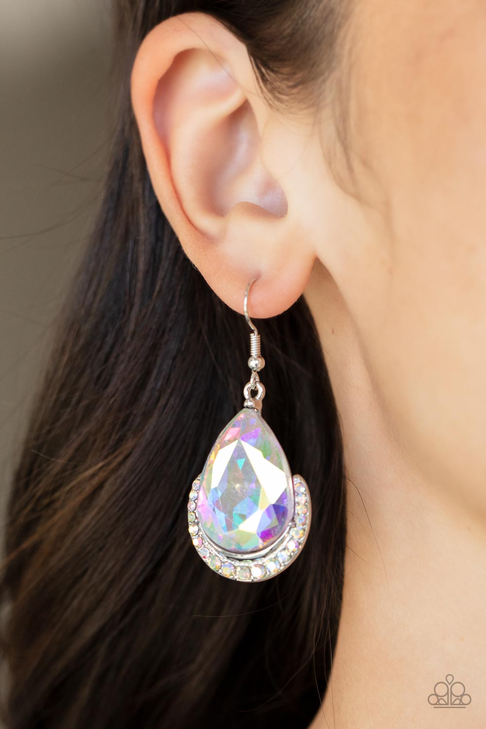 Mega Marvelous Multi Iridescent Rhinestone Earrings - Paparazzi Accessories- on model - CarasShop.com - Paparazzi Jewelry by Cara Jewels