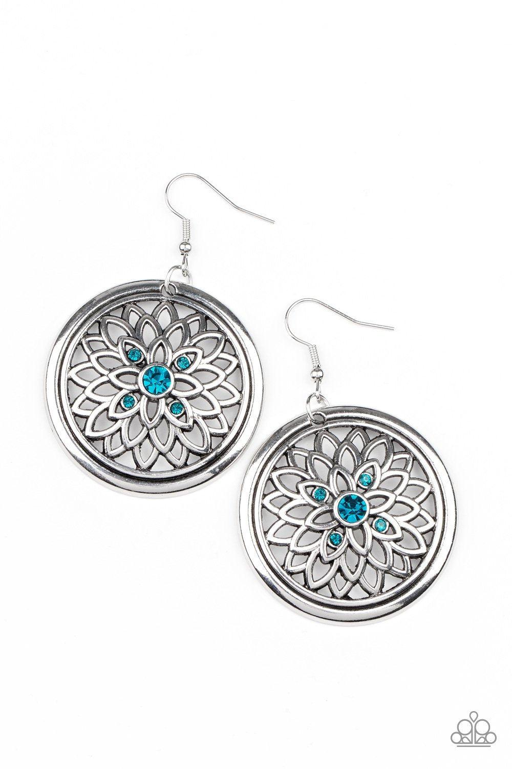 Mega Medallions Blue Rhinestone and Silver Filigree Earrings - Paparazzi Accessories- lightbox - CarasShop.com - Paparazzi Jewelry by Cara Jewels