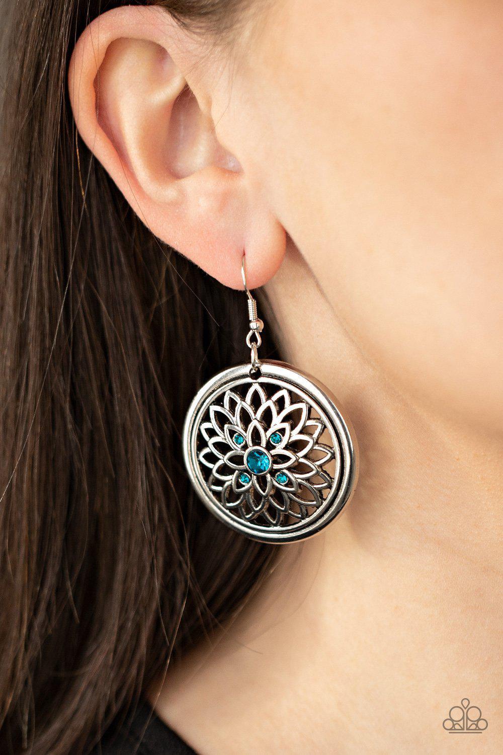 Mega Medallions Blue Rhinestone and Silver Filigree Earrings - Paparazzi Accessories- lightbox - CarasShop.com - Paparazzi Jewelry by Cara Jewels