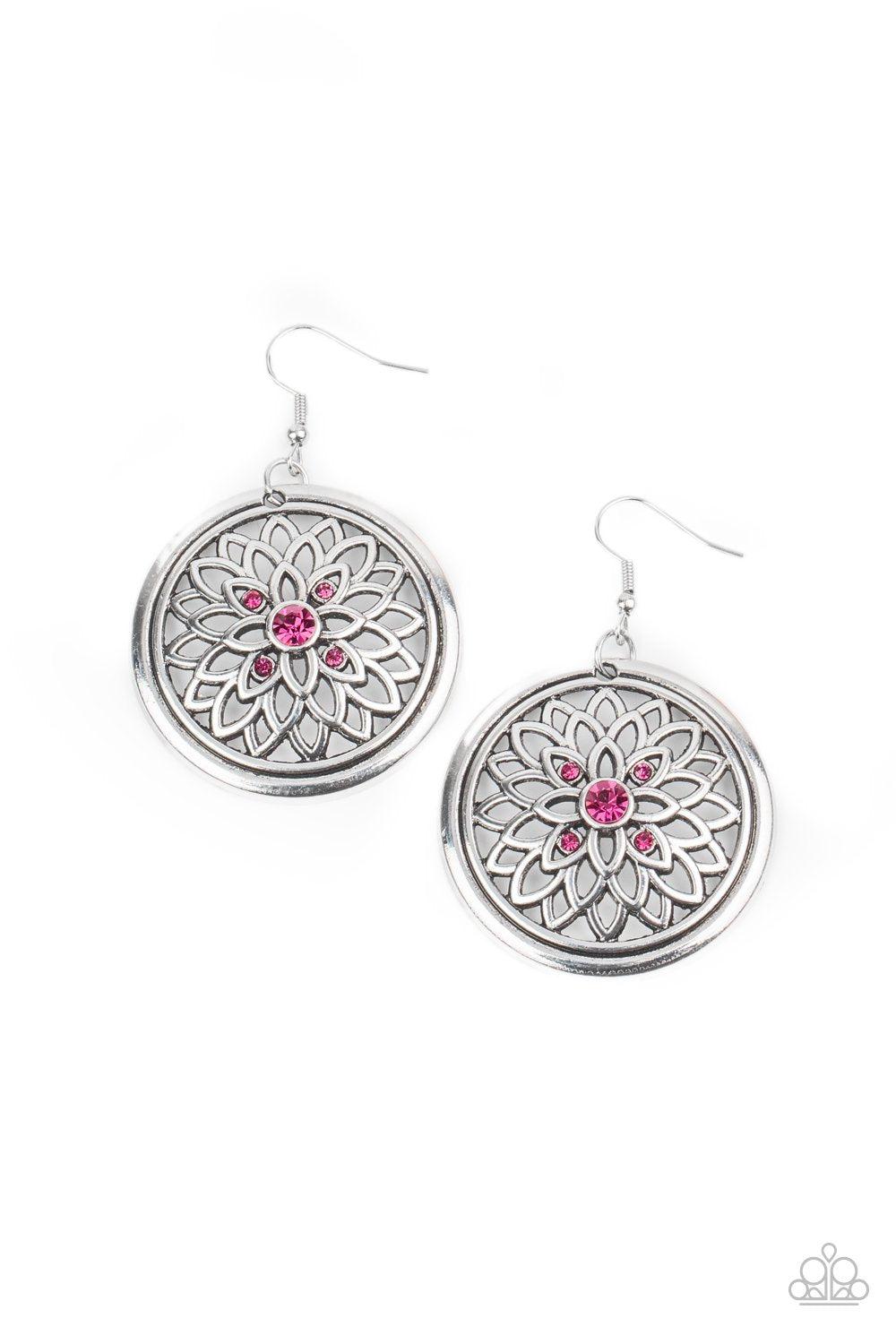 Mega Medallions Pink Rhinestone and Silver Earrings - Paparazzi Accessories- lightbox - CarasShop.com - Paparazzi Jewelry by Cara Jewels