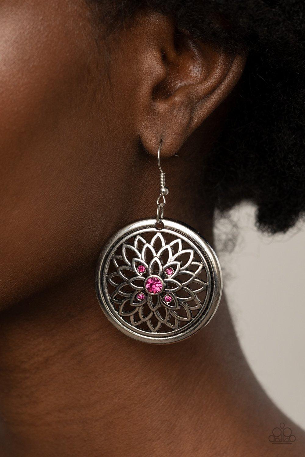 Mega Medallions Pink Rhinestone and Silver Earrings - Paparazzi Accessories- on model - CarasShop.com - Paparazzi Jewelry by Cara Jewels