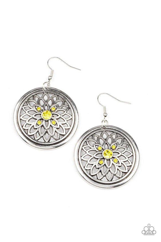 Mega Medallions Yellow Earrings - Paparazzi Accessories- lightbox - CarasShop.com - Paparazzi Jewelry by Cara Jewels
