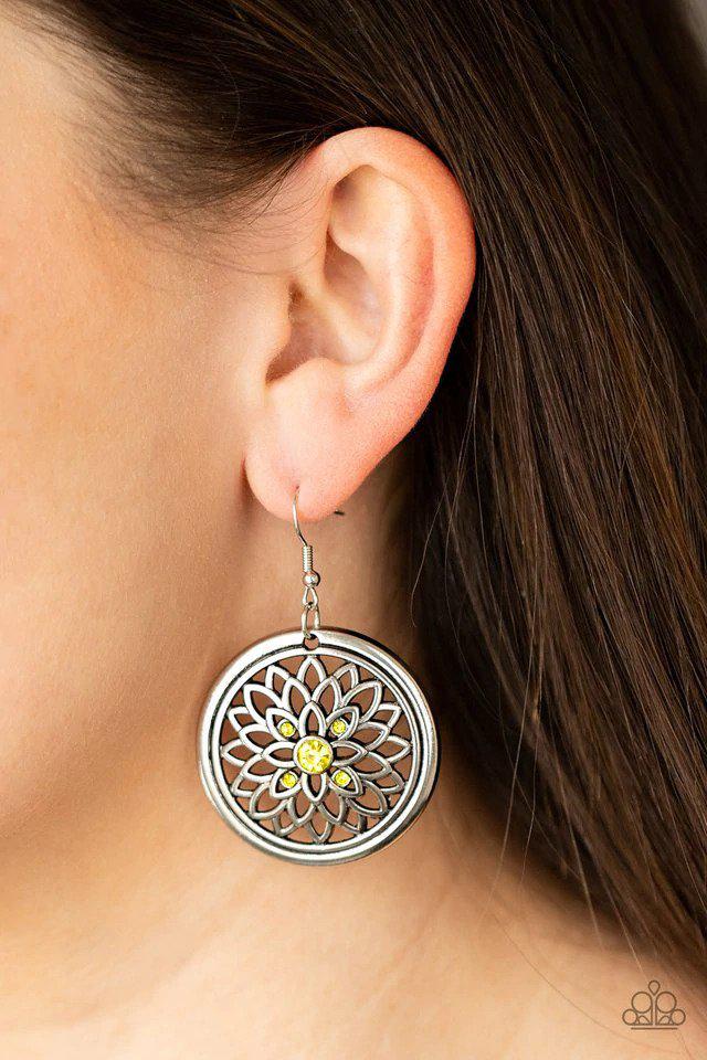 Mega Medallions Yellow Earrings - Paparazzi Accessories- lightbox - CarasShop.com - Paparazzi Jewelry by Cara Jewels