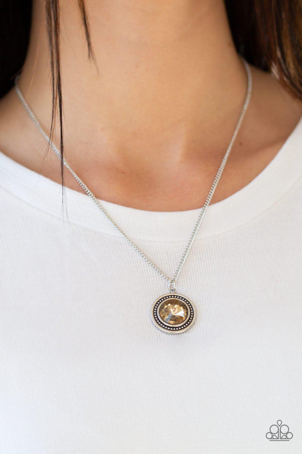 Mega Money Brown Gem Necklace - Paparazzi Accessories- on model - CarasShop.com - Paparazzi Jewelry by Cara Jewels