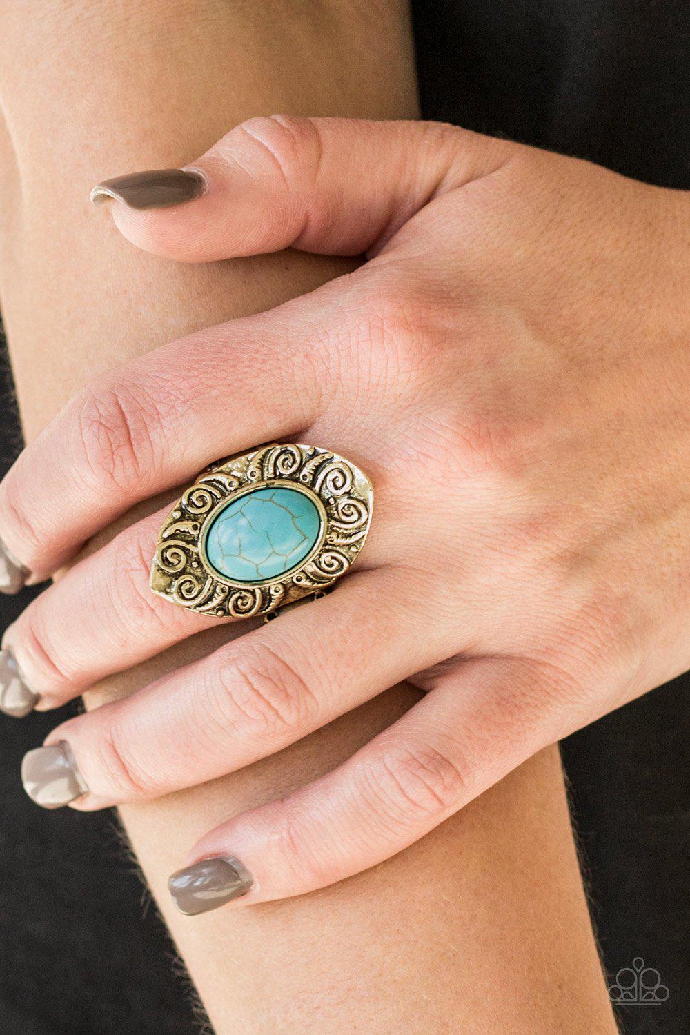 Mega Mother Nature Brass and Turquoise Blue Stone Ring - Paparazzi Accessories- lightbox - CarasShop.com - Paparazzi Jewelry by Cara Jewels