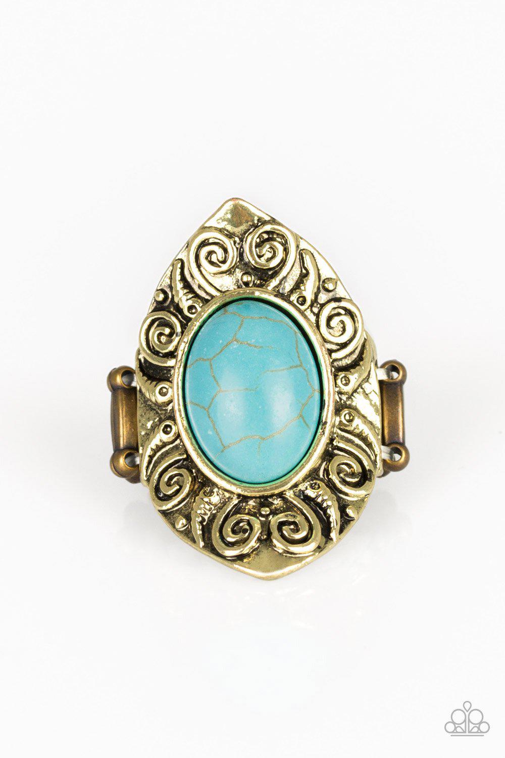 Mega Mother Nature Brass and Turquoise Blue Stone Ring - Paparazzi Accessories- on model - CarasShop.com - Paparazzi Jewelry by Cara Jewels