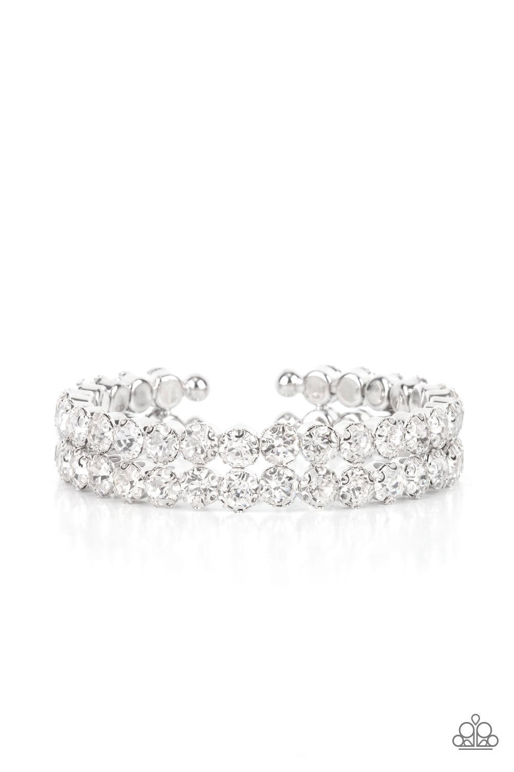 Megawatt Majesty White Rhinestone Cuff Bracelet - Paparazzi Accessories- lightbox - CarasShop.com - Paparazzi Jewelry by Cara Jewels
