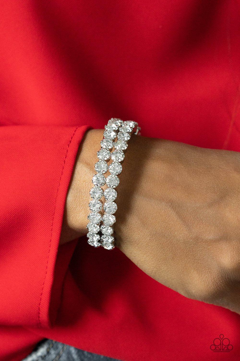 Megawatt Majesty White Rhinestone Cuff Bracelet - Paparazzi Accessories- lightbox - CarasShop.com - Paparazzi Jewelry by Cara Jewels