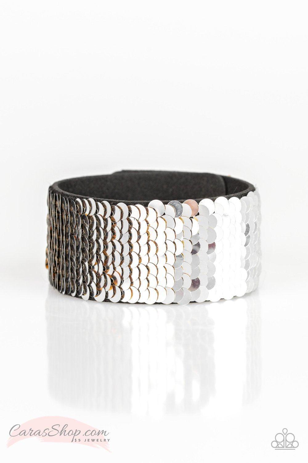 Mer-mazingly Mermaid Gold and Silver Reversible Sequin Wrap Snap Bracelet - Paparazzi Accessories- Reverse side - lightbox - CarasShop.com - Paparazzi Jewelry by Cara Jewels