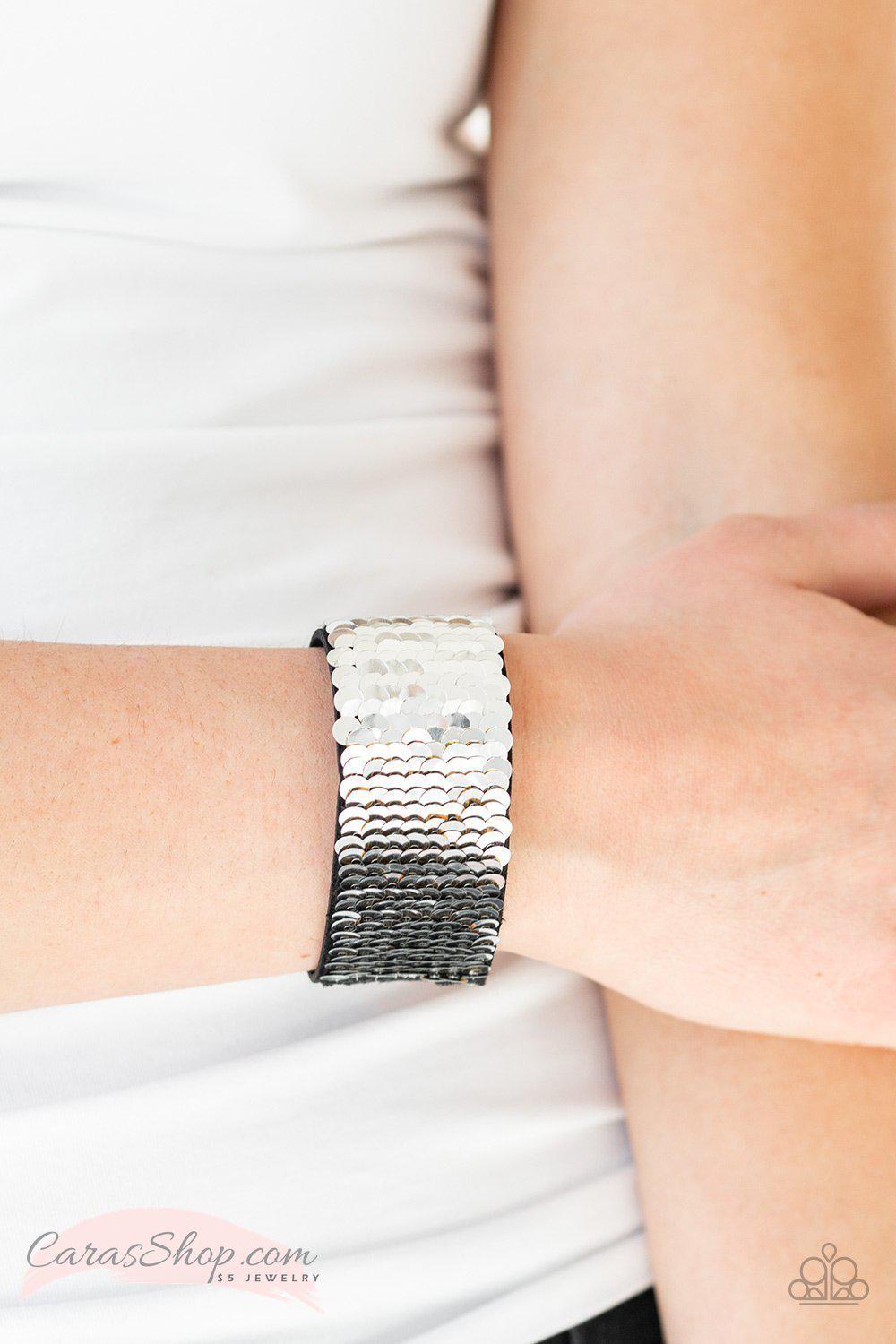 Mer-mazingly Mermaid Gold and Silver Reversible Sequin Wrap Snap Bracelet - Paparazzi Accessories- Reverse side on model - CarasShop.com - Paparazzi Jewelry by Cara Jewels