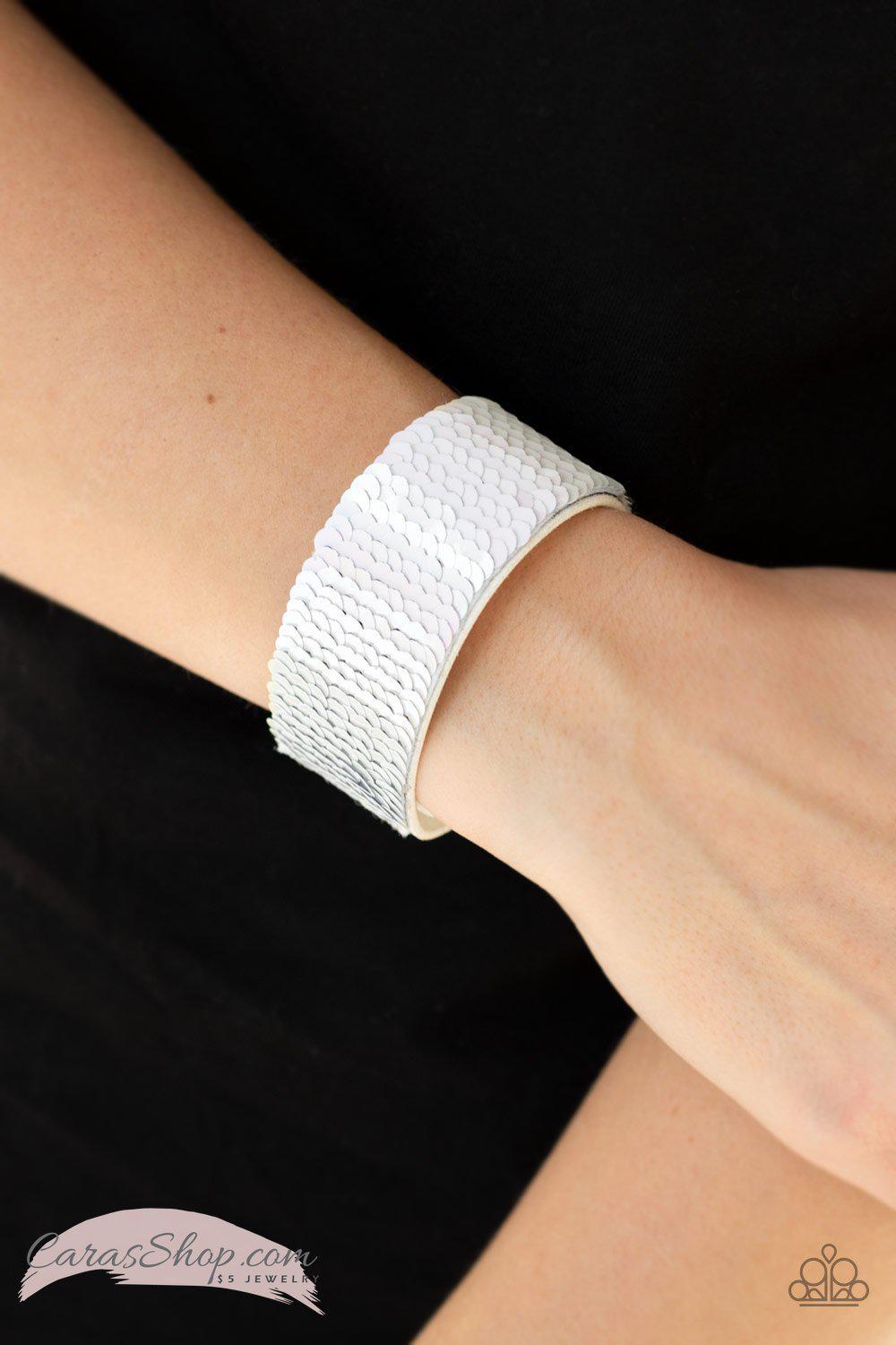 Mer-mazingly Mermaid Pink and Silver Reversible Sequin Wrap Snap Bracelet - Paparazzi Accessories- Reverse side on model - CarasShop.com - Paparazzi Jewelry by Cara Jewels