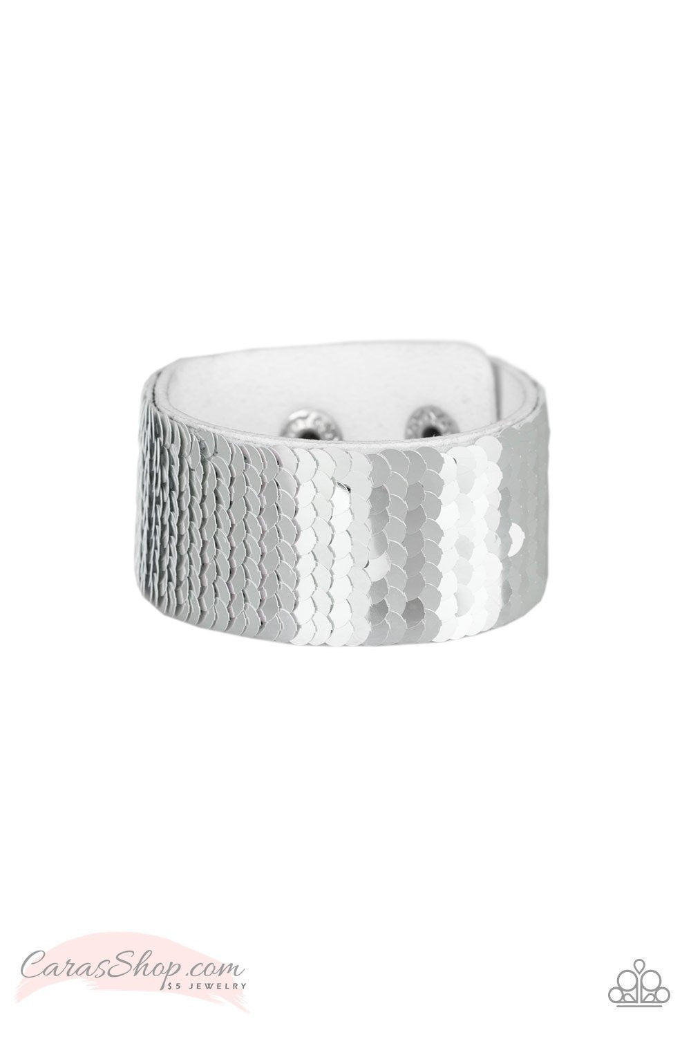 Mer-mazingly Mermaid Pink and Silver Reversible Sequin Wrap Snap Bracelet - Paparazzi Accessories- Reverse side - lightbox - CarasShop.com - Paparazzi Jewelry by Cara Jewels