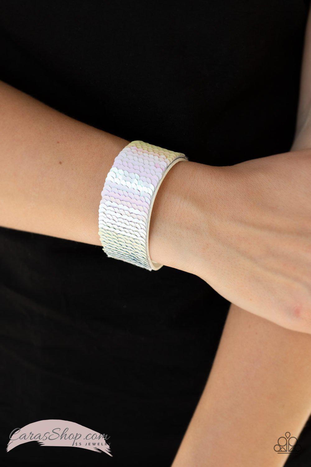 Mer-mazingly Mermaid Pink and Silver Reversible Sequin Wrap Snap Bracelet - Paparazzi Accessories- on model - CarasShop.com - Paparazzi Jewelry by Cara Jewels