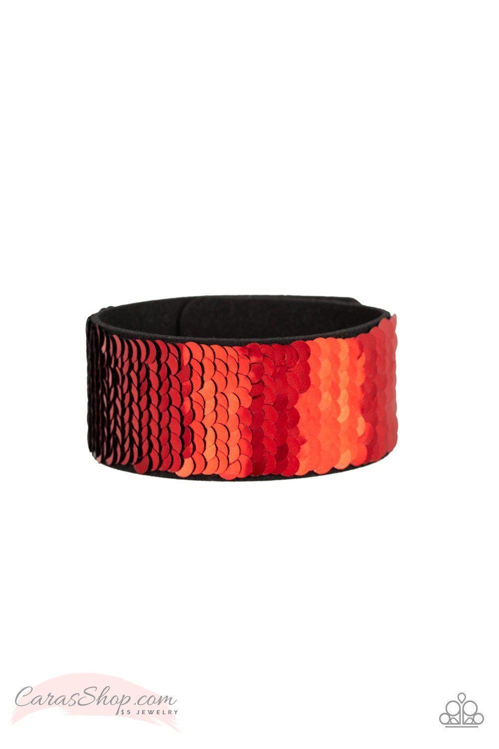Mer-mazingly Mermaid Red and Black Reversible Sequin Wrap Snap Bracelet - Paparazzi Accessories- lightbox - CarasShop.com - Paparazzi Jewelry by Cara Jewels