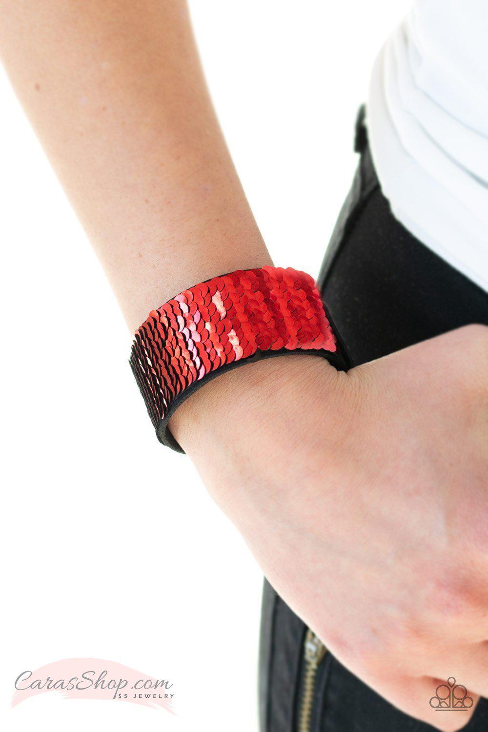 Mer-mazingly Mermaid Red and Black Reversible Sequin Wrap Snap Bracelet - Paparazzi Accessories- on model - CarasShop.com - Paparazzi Jewelry by Cara Jewels