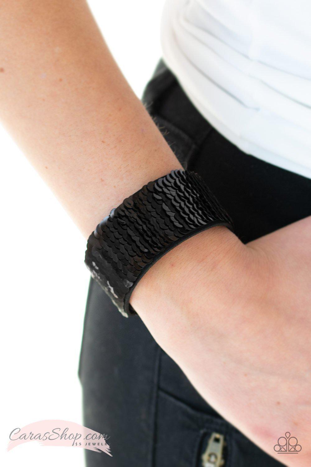 Mer-mazingly Mermaid Red and Black Reversible Sequin Wrap Snap Bracelet - Paparazzi Accessories- Reverse side on model - CarasShop.com - Paparazzi Jewelry by Cara Jewels
