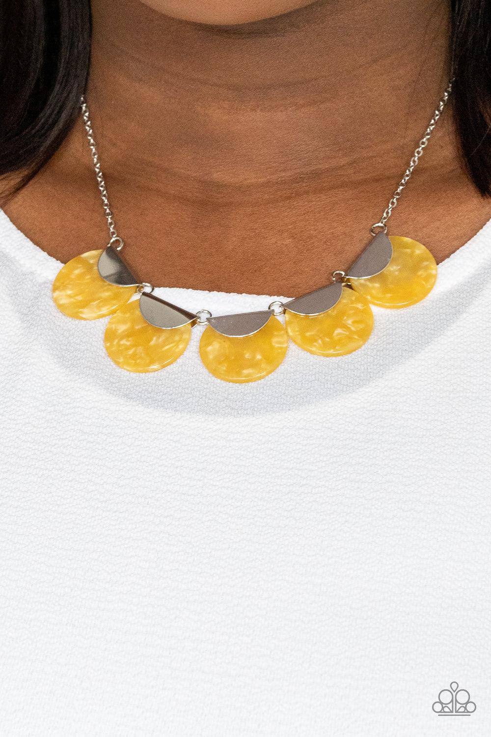 Mermaid Oasis Yellow Acrylic Necklace - Paparazzi Accessories- on model - CarasShop.com - Paparazzi Jewelry by Cara Jewels