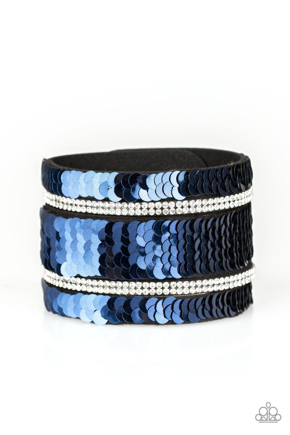 MERMAID Service Blue and Silver Sequin Reversible Urban Wrap Snap Bracelet - Paparazzi Accessories- lightbox - CarasShop.com - Paparazzi Jewelry by Cara Jewels