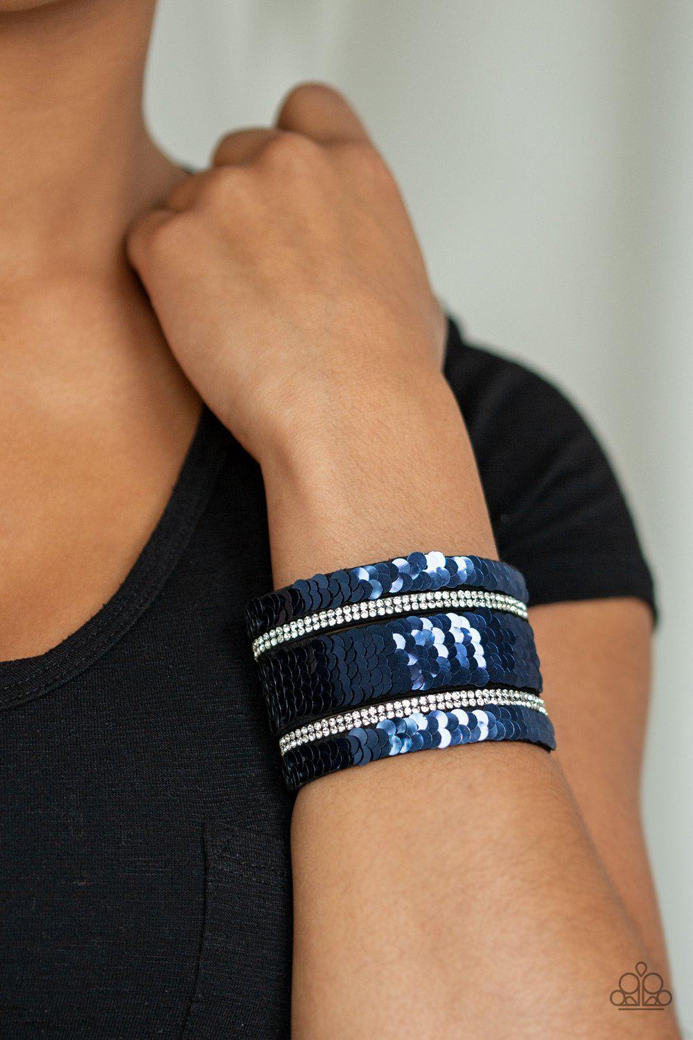 MERMAID Service Blue and Silver Sequin Reversible Urban Wrap Snap Bracelet - Paparazzi Accessories- lightbox - CarasShop.com - Paparazzi Jewelry by Cara Jewels