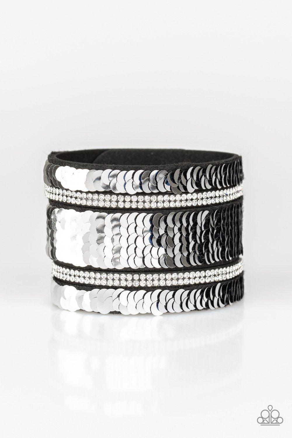 MERMAID Service Blue and Silver Sequin Reversible Urban Wrap Snap Bracelet - Paparazzi Accessories- Reverse side - lightbox - CarasShop.com - Paparazzi Jewelry by Cara Jewels