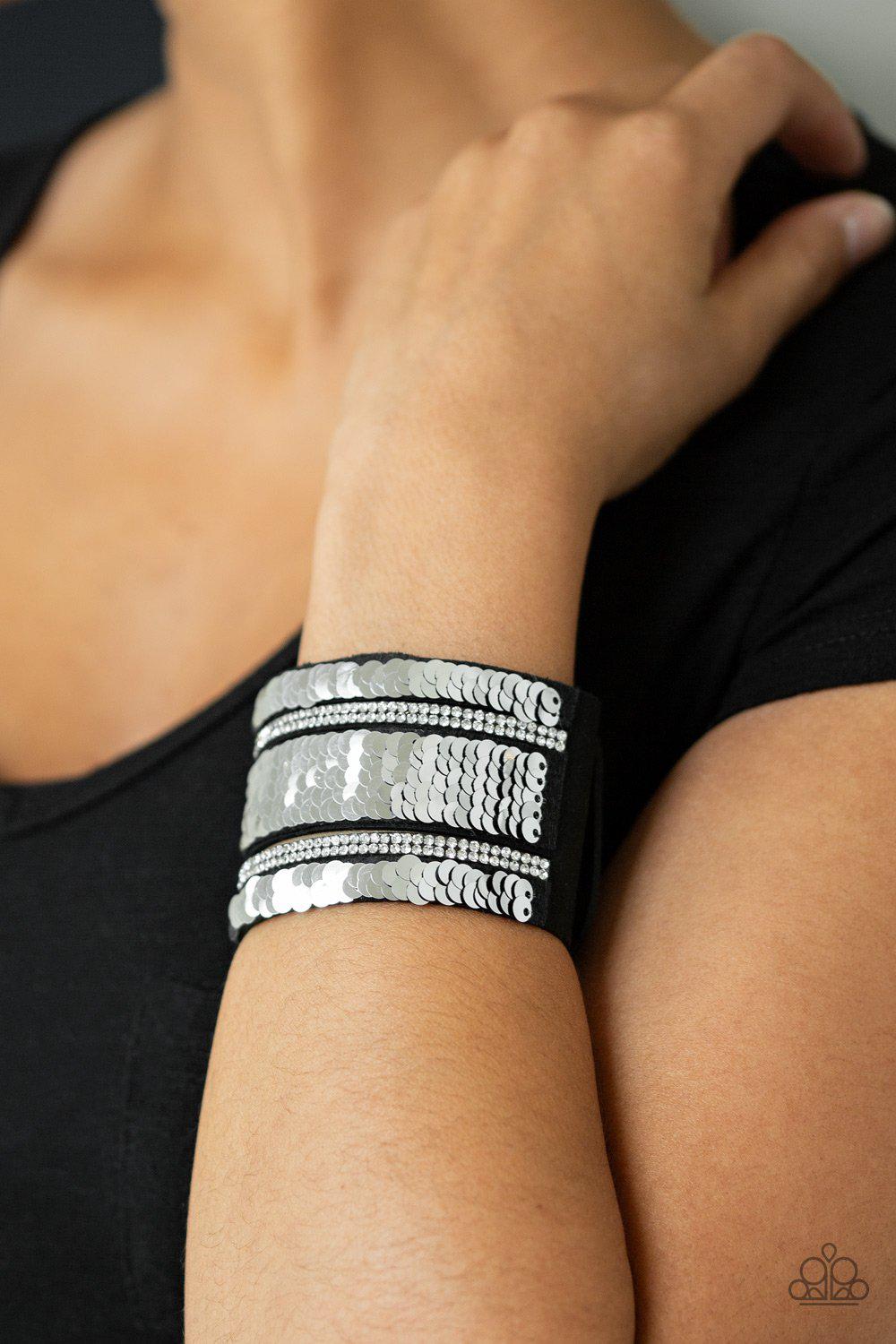 MERMAID Service Blue and Silver Sequin Reversible Urban Wrap Snap Bracelet - Paparazzi Accessories- Reverse side on model - CarasShop.com - Paparazzi Jewelry by Cara Jewels