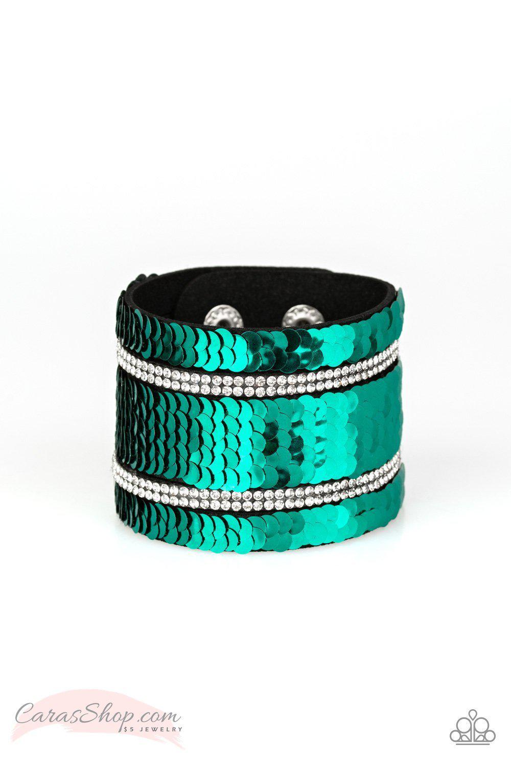 Mermaid Service Green and Silver Reversible Sequin Wrap Snap Bracelet - Paparazzi Accessories- lightbox - CarasShop.com - Paparazzi Jewelry by Cara Jewels